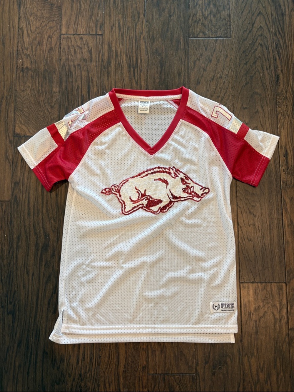 PINK Victoria's Secret White & Red Razorback Football Jersey Top
